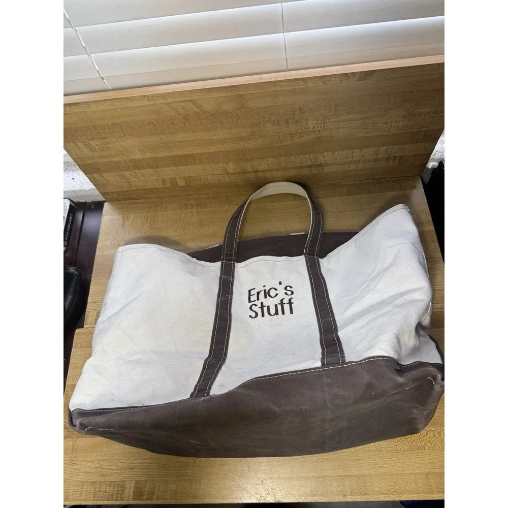 Vintage 90s LL Bean XL Boat & Tote Bag White/Brown Canvas Zipper USA Made